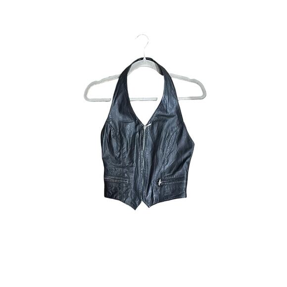 Wilson Leather Black Halter Vest Biker Crop Vintage 90s Small - Picture 2 of 6
